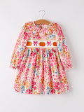 Fall Halloween & Thanksgiving Pumpkin Bow Smock Embroidered Floral Dress - 5