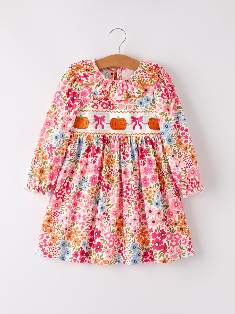 Fall Halloween & Thanksgiving Pumpkin Bow Smock Embroidered Floral Dress - 5
