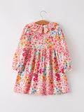 Fall Halloween & Thanksgiving Pumpkin Bow Smock Embroidered Floral Dress - 6