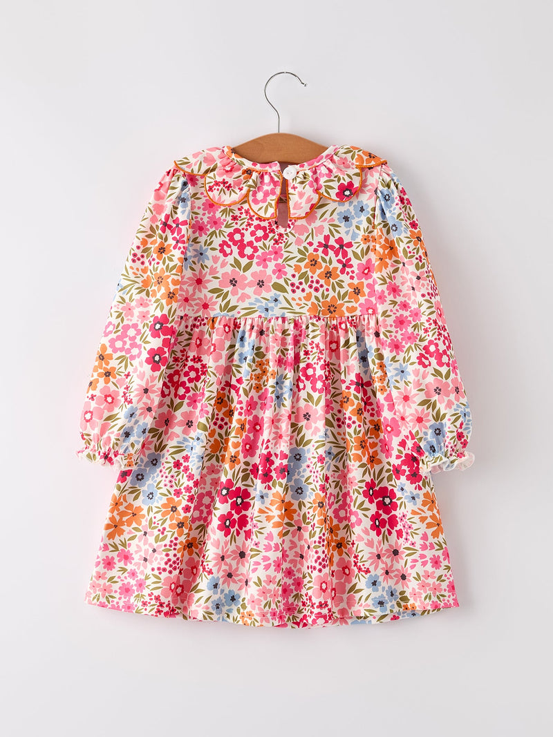 Fall Halloween & Thanksgiving Pumpkin Bow Smock Embroidered Floral Dress - 6