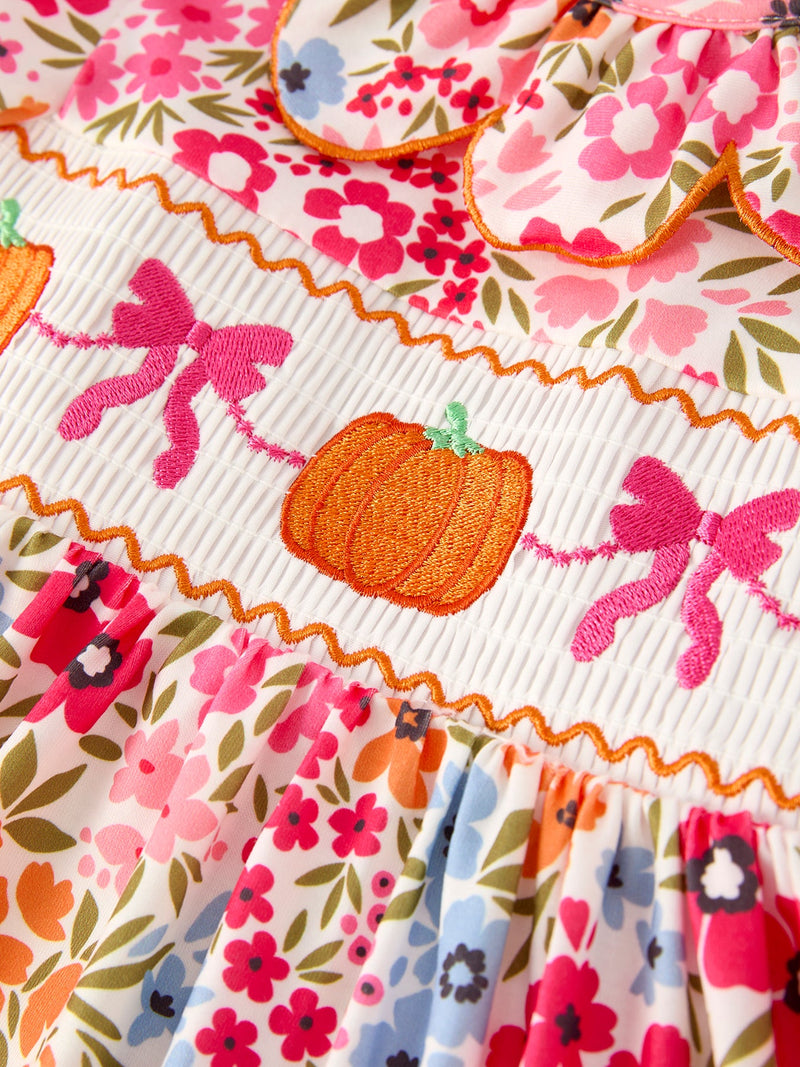 Fall Halloween & Thanksgiving Pumpkin Bow Smock Embroidered Floral Dress - 7