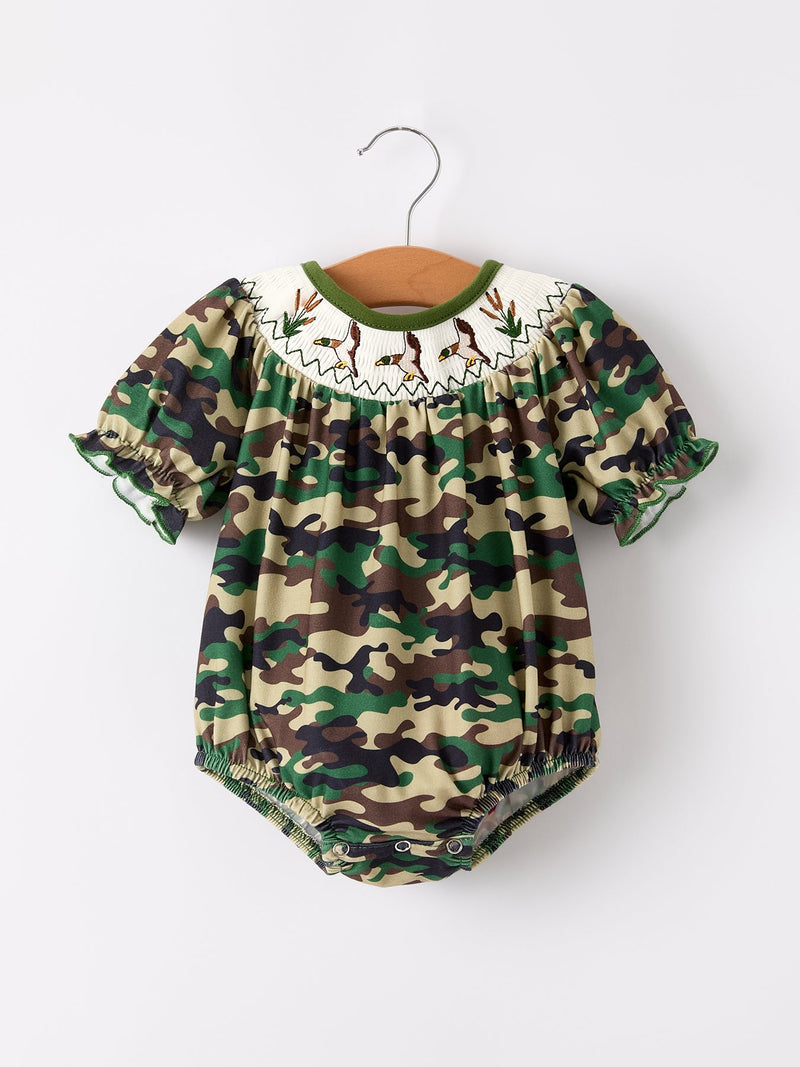 Camouflage Duck Smocking Embroidery Girls Romper - 6