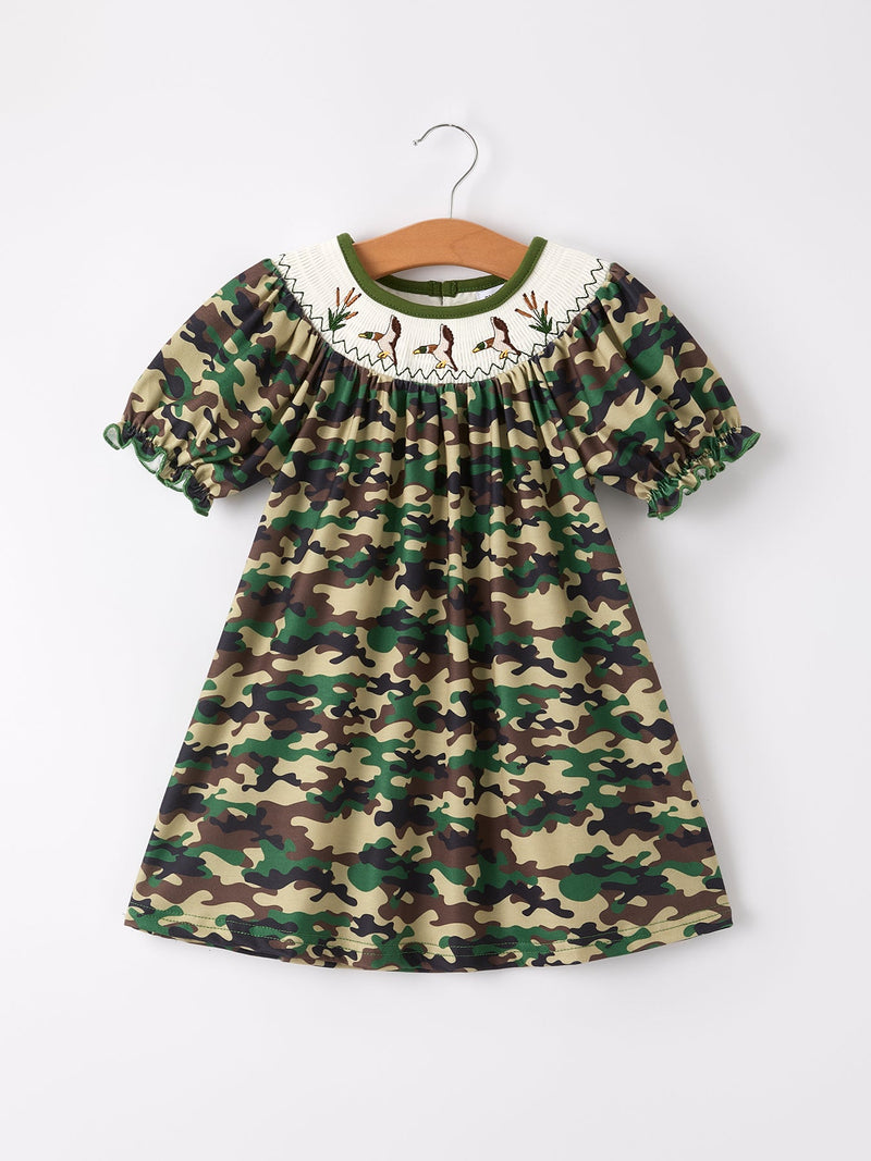 Camouflage Duck Smocking Embroidery Girls Dress - 1