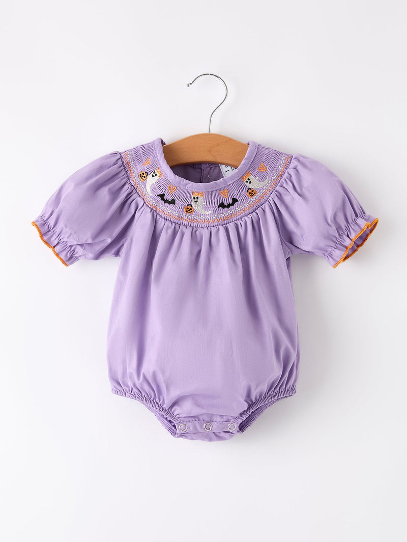 Purple Halloween Smock Embroidery Baby Girl Romper - 1