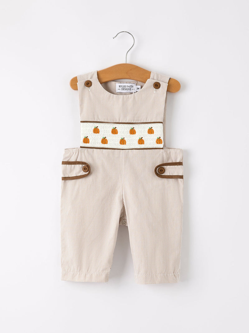 Fall Halloween & Thanksgiving  Pumpkin Smock Embroidered Boys Romper - 10