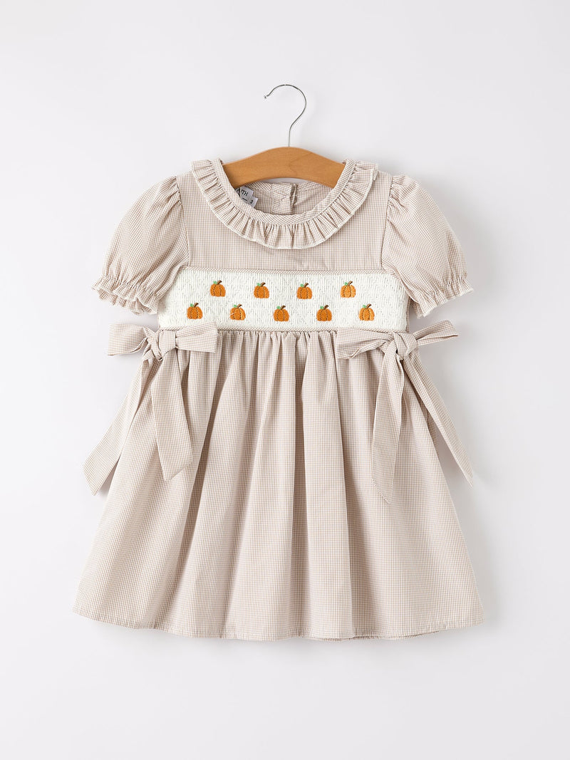 Fall Thanksgiving Pumpkin Embroidery Smock Plaid Girls Dress - 6