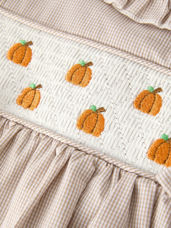 Fall Thanksgiving Pumpkin Embroidery Smock Plaid Girls Dress