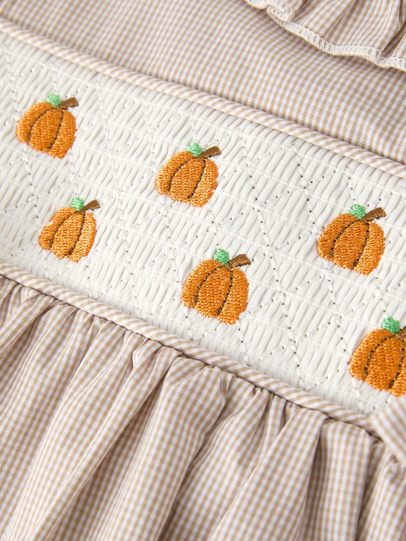 Fall Thanksgiving Pumpkin Embroidery Smock Plaid Girls Dress - 13