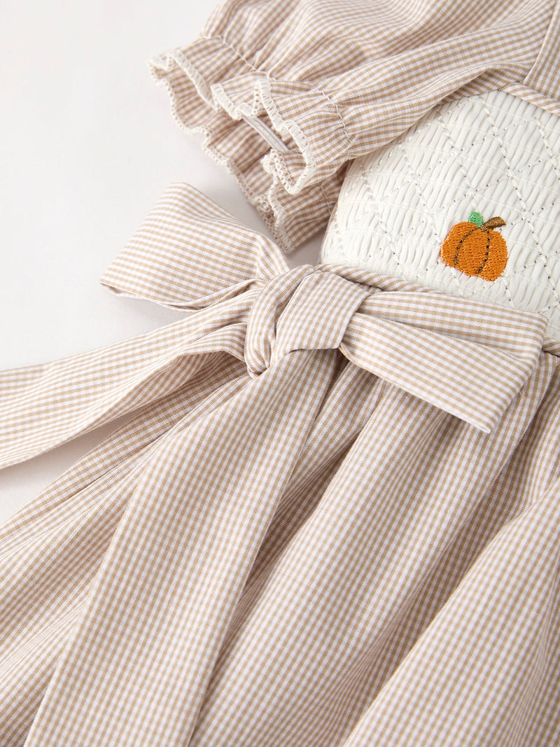 Fall Thanksgiving Pumpkin Embroidery Smock Plaid Girls Dress - 14