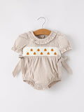 Fall Halloween & Thanksgiving Pumpkin Embroidery Smock Plaid Baby Girl Romper - 1
