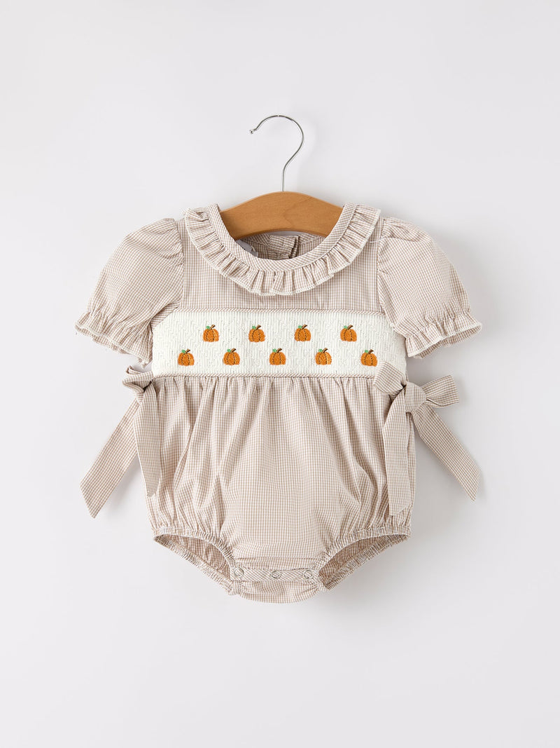 Fall Halloween & Thanksgiving Pumpkin Embroidery Smock Plaid Baby Girl Romper - 1