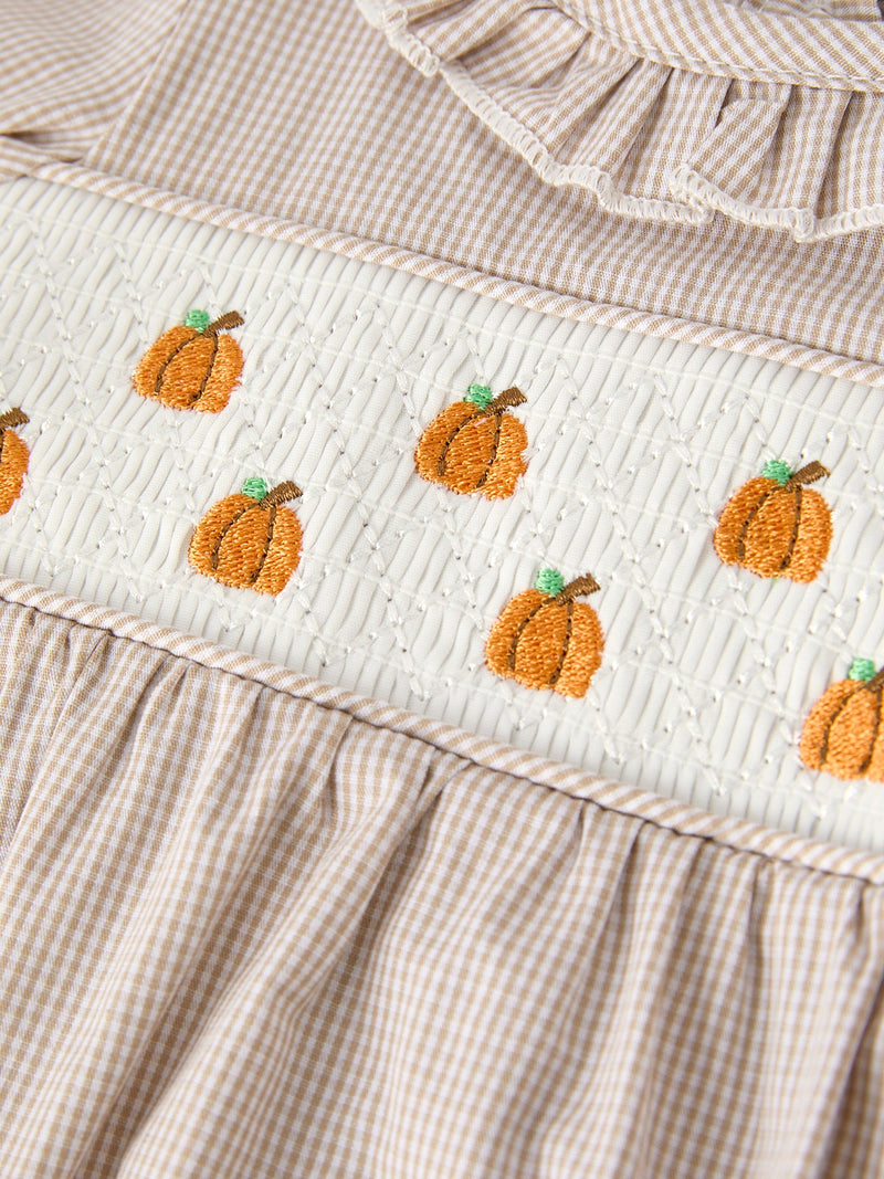 Fall Halloween & Thanksgiving Pumpkin Embroidery Smock Plaid Baby Girl Romper - 3