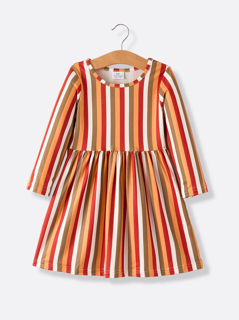 2 Piece Thanksgiving Pumpkin Stripe Print Girls Dress Set - 7