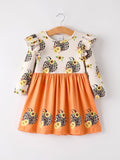 Thanksgiving Pumpkin Leopard Floral Print Girls Dress - 1