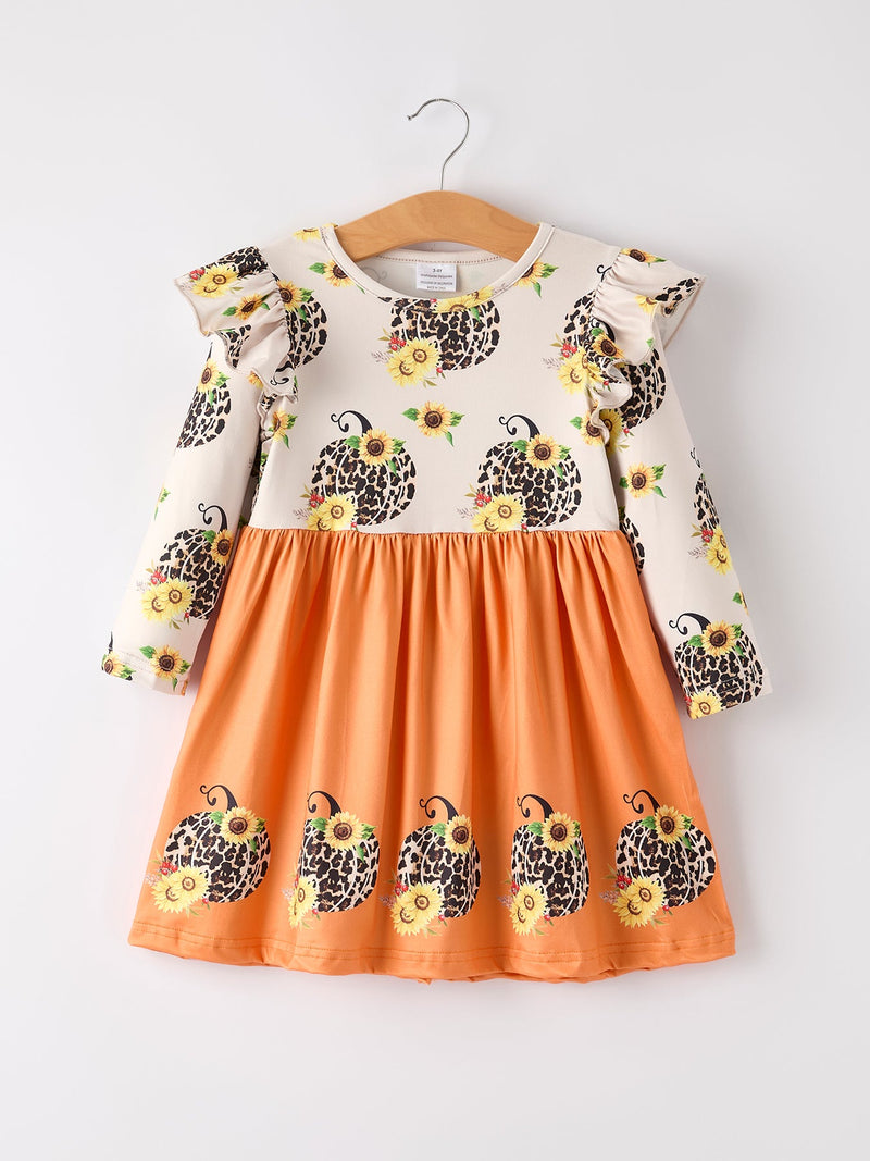 Thanksgiving Pumpkin Leopard Floral Print Girls Dress - 1