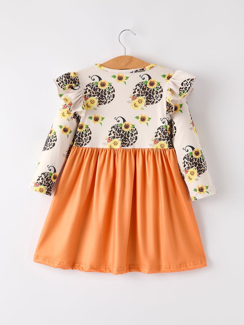 Thanksgiving Pumpkin Leopard Floral Print Girls Dress - 2