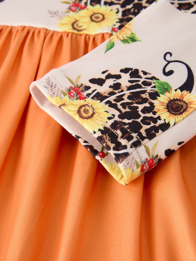 Thanksgiving Pumpkin Leopard Floral Print Girls Dress - 4