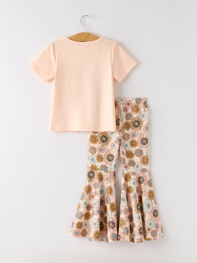 Girls Letter Print Top + Floral Pattern Pants - 7