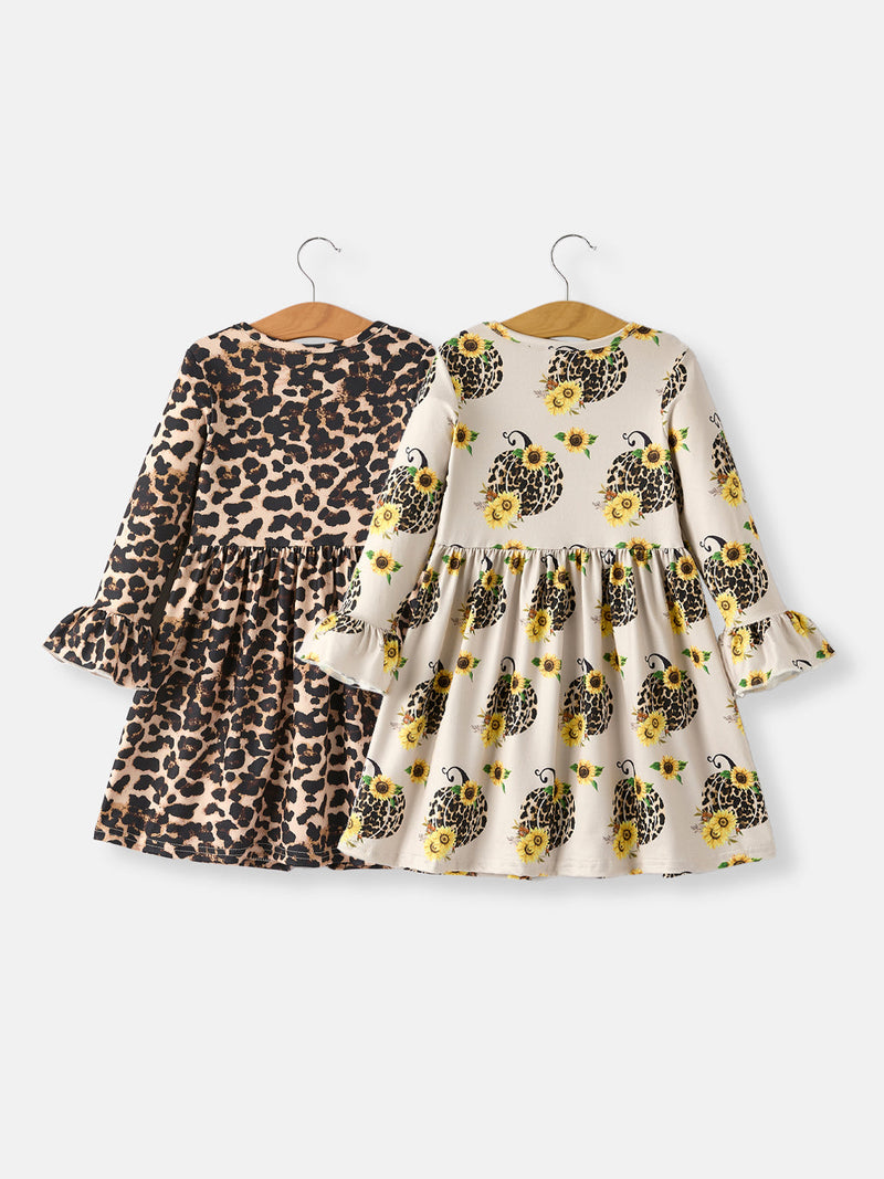 Fall Pumpkin Leopard Print Autumn Girls Ruffle Two-Piece Dress - 2