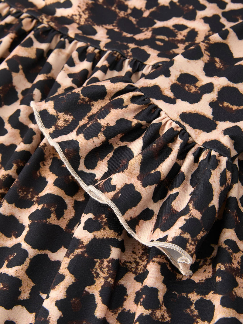 Fall Pumpkin Leopard Print Autumn Girls Ruffle Two-Piece Dress - 6