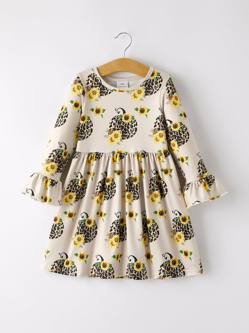 Fall Pumpkin Leopard Print Autumn Girls Ruffle Two-Piece Dress - 8