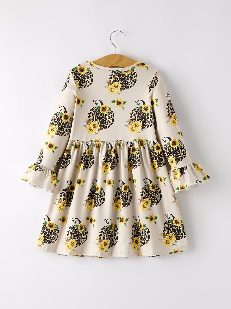 Fall Pumpkin Leopard Print Autumn Girls Ruffle Two-Piece Dress - 9