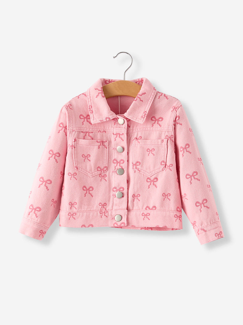Pink Fall Girls Butterfly Print Denim Top - 6
