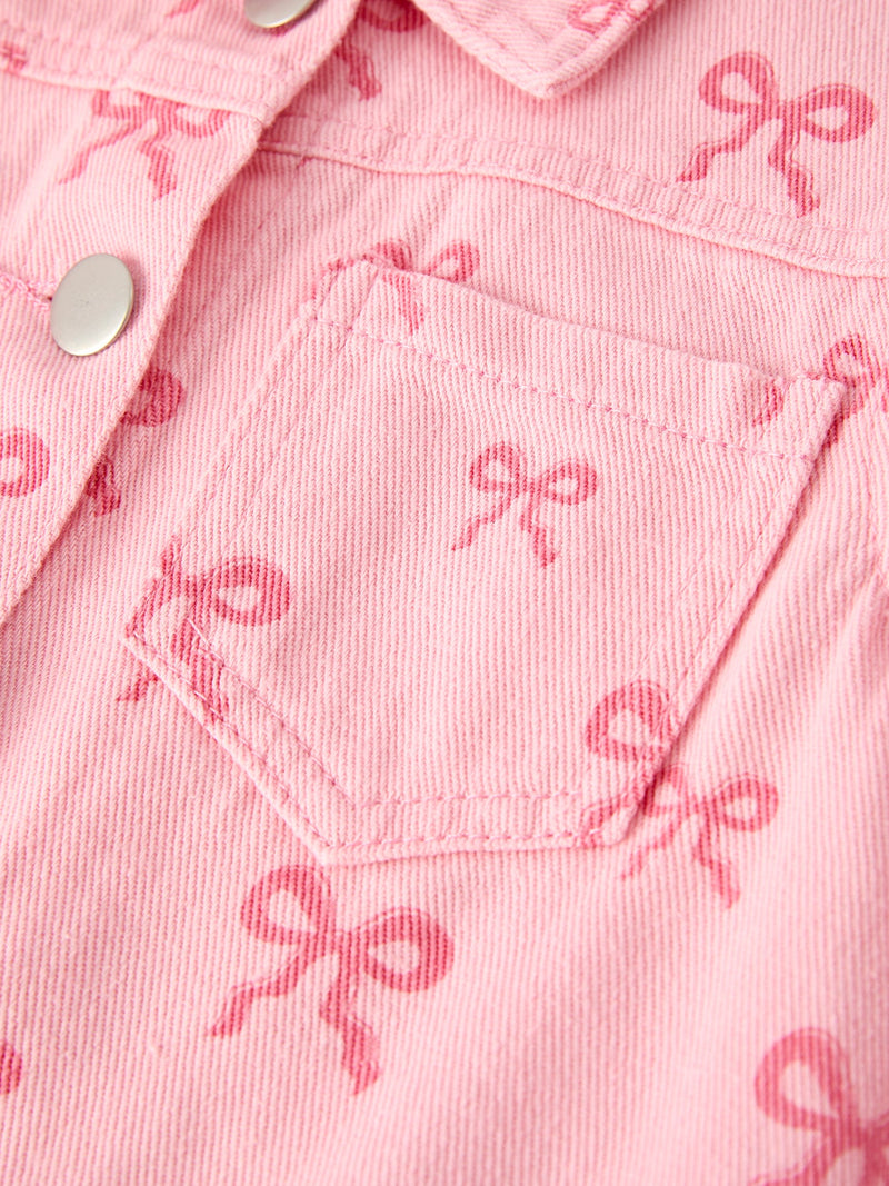 Pink Fall Girls Butterfly Print Denim Top - 8