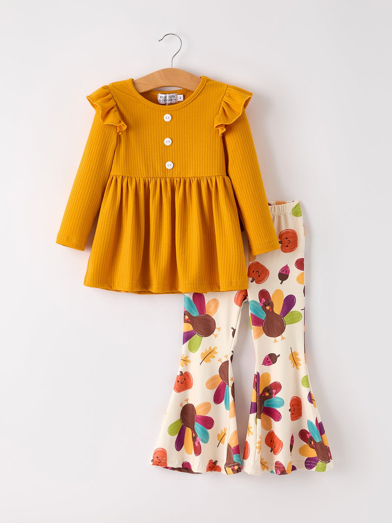 Fall Halloween & Thanksgiving Pumpkin Turkey Print Girls Long Sleeve Set - 6
