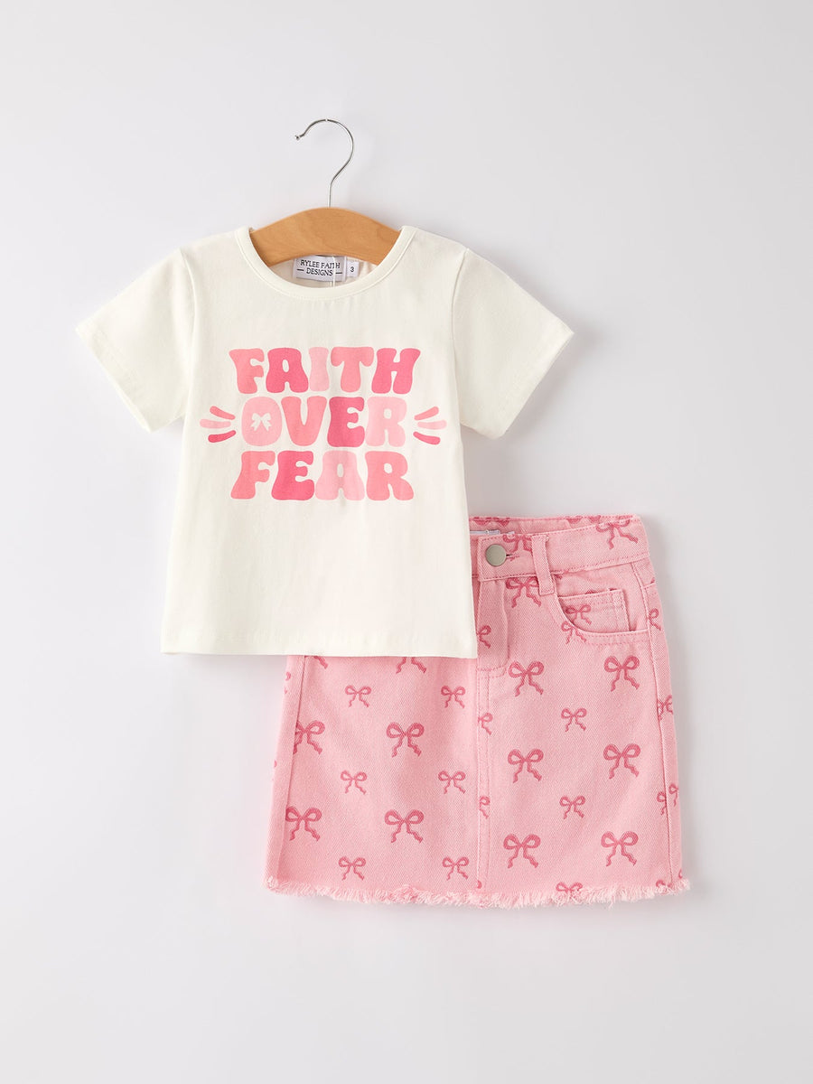 Girls Pink Bow Denim Skirt Set