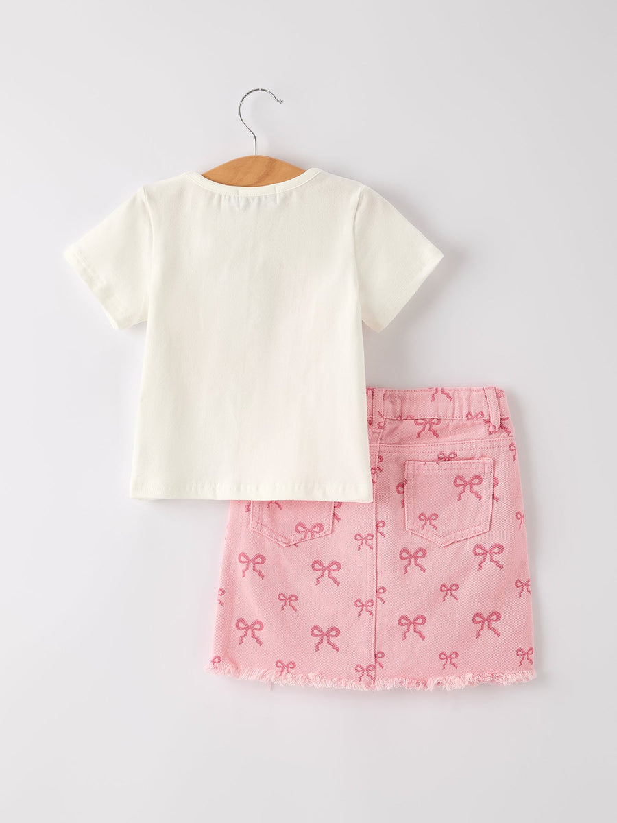 Girls Pink Bow Denim Skirt Set