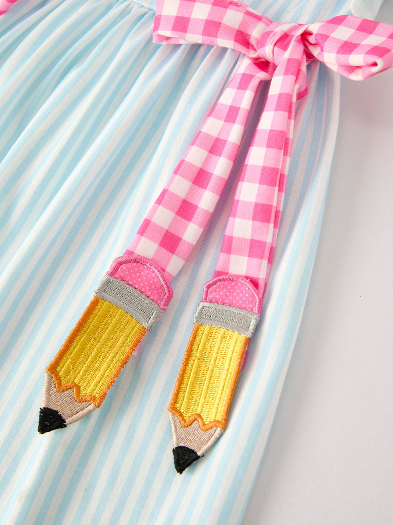 Back To School Girls Striped lapels Bow Dress - 9