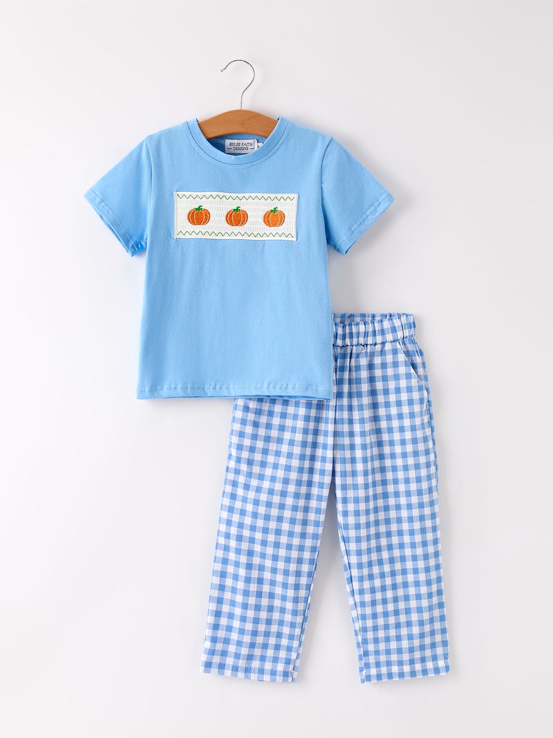 Fall Thanksgiving& Halloween Blue Pumpkin Smock Embroidery Baby Boy'Set - 1