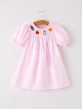 Fall Halloween Pink Spider Pumpkin Ghost Smock Embroidery Girl Dress - 1