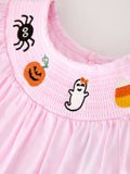 Fall Halloween Pink Spider Pumpkin Ghost Smock Embroidery Girl Dress - 3