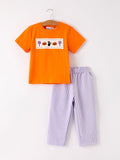 Fall Halloween Purple Balloon Pumpkin Cat Smock Embroidery Boy Set - 1