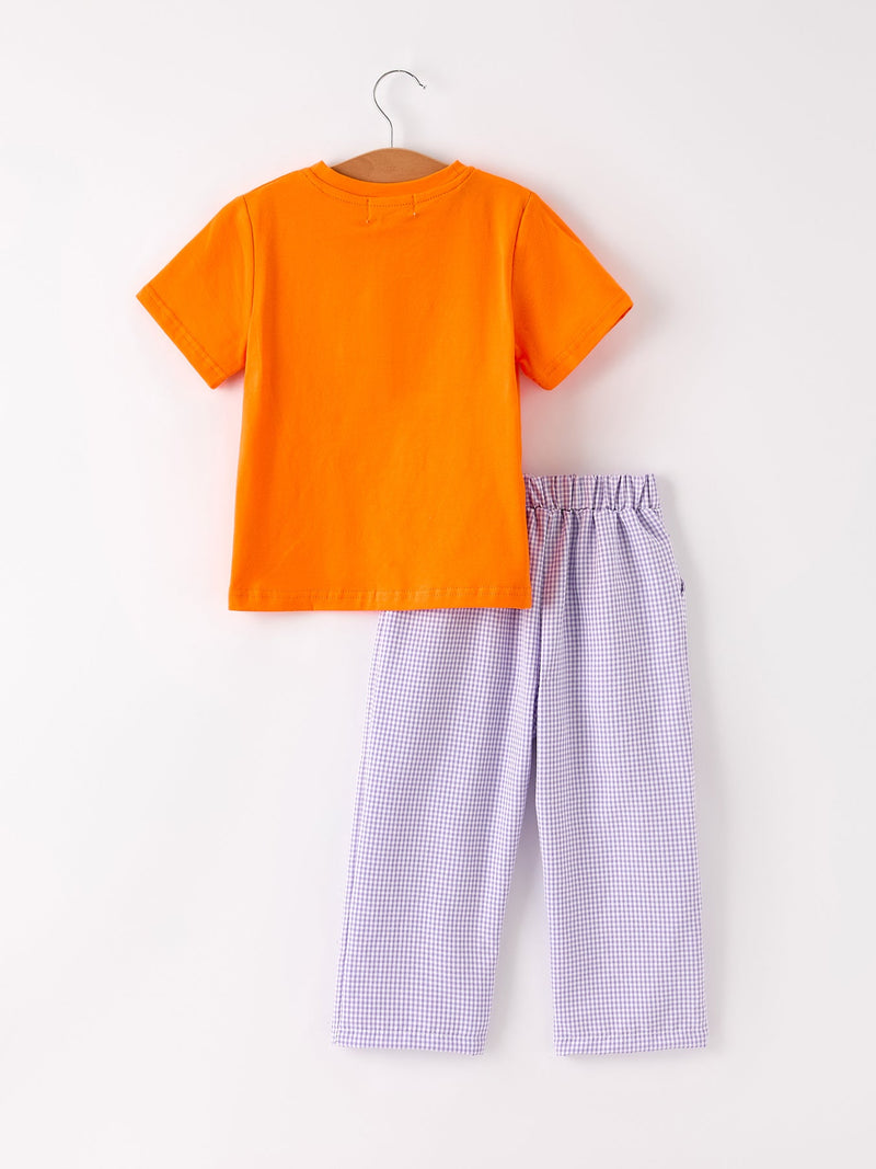 Fall Halloween Purple Balloon Pumpkin Cat Smock Embroidery Boy Set - 2