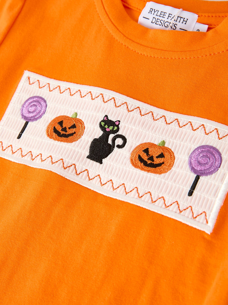 Fall Halloween Purple Balloon Pumpkin Cat Smock Embroidery Boy Set - 4