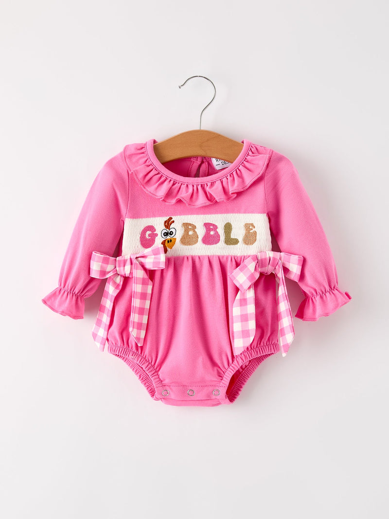 Fall Thanksgiving& Halloween "GOBBLE" Smock Embroidery Baby Girl Romper - 6