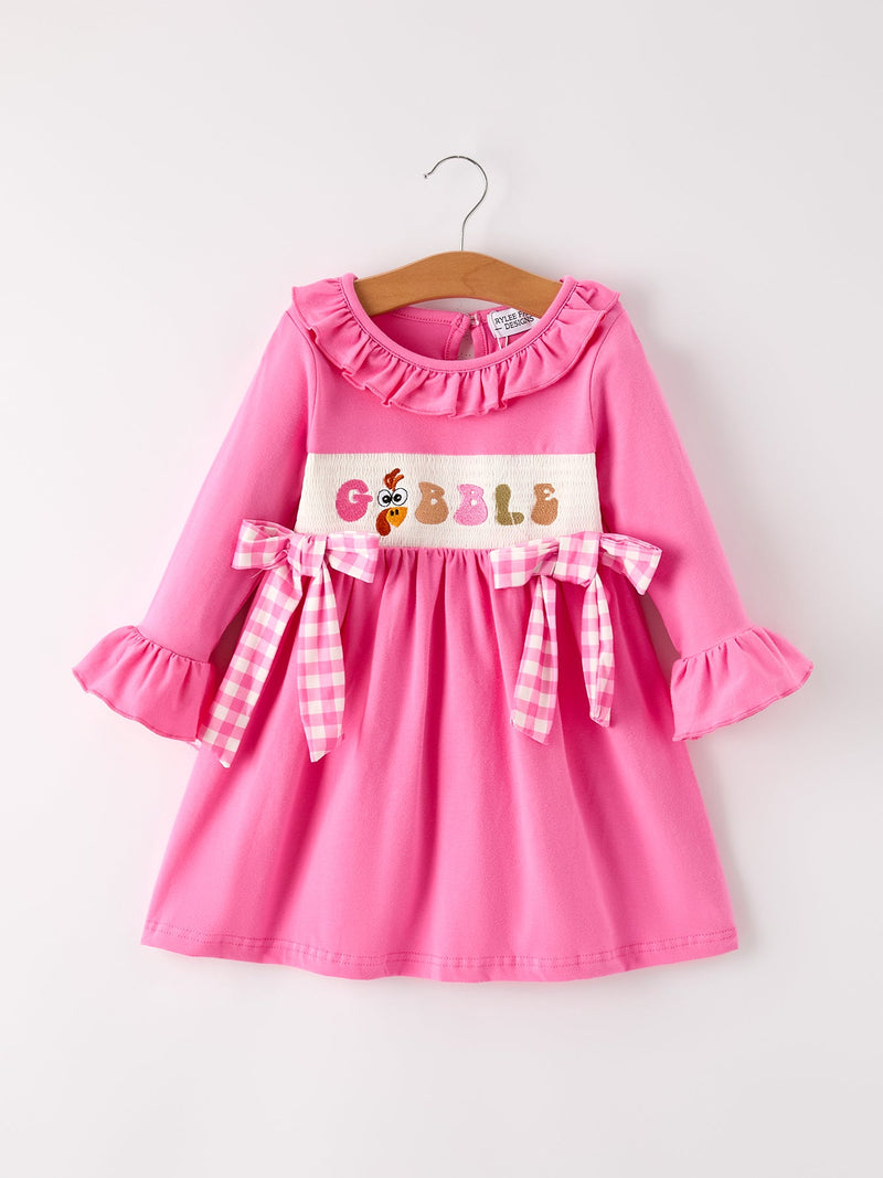Fall Thanksgiving& Halloween "GOBBLE" Smock Embroidery Baby Girl Dress - 7