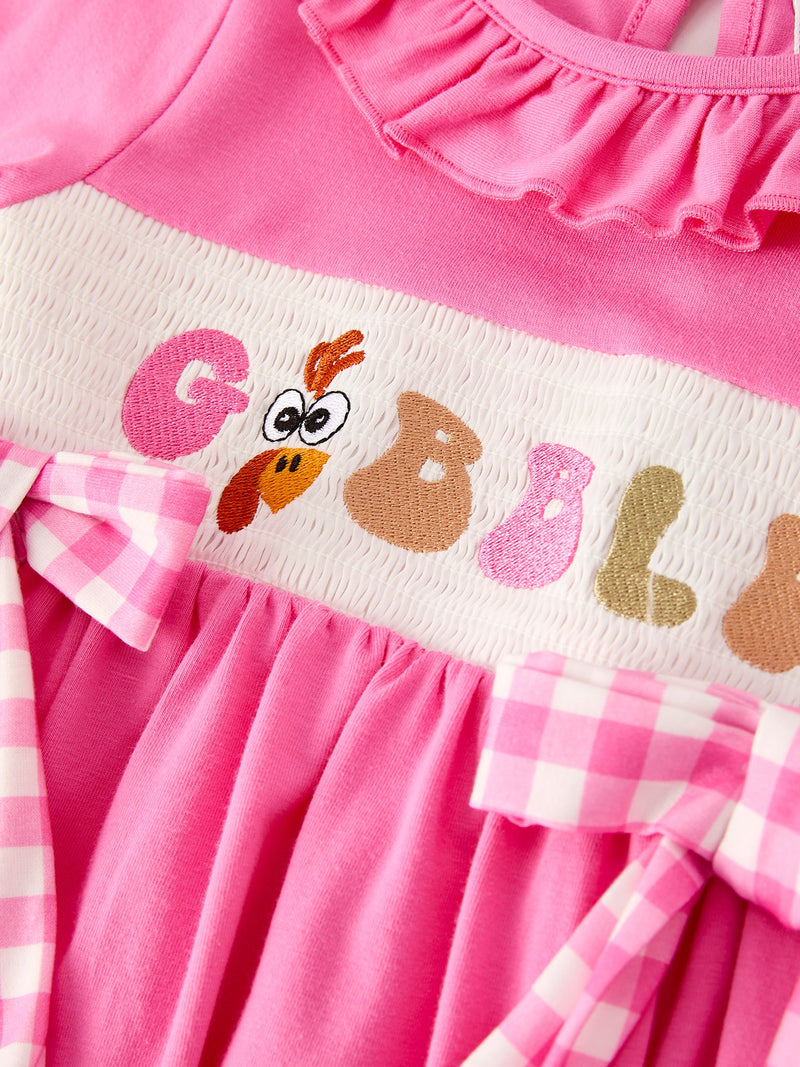 Fall Thanksgiving& Halloween "GOBBLE" Smock Embroidery Baby Girl Dress - 9