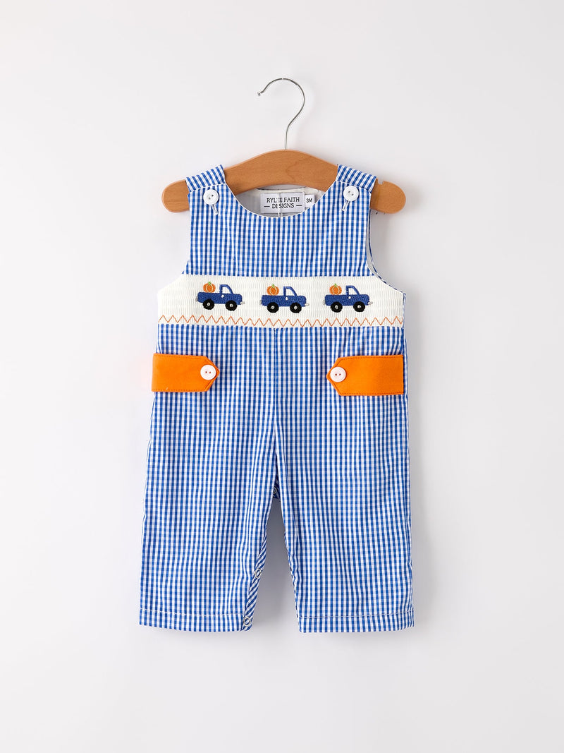 Fall Thanksgiving & Halloween Truck Smock Embroidery Baby Boy Romper - 1