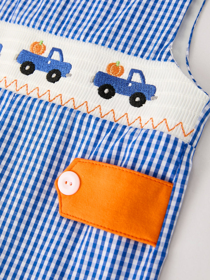 Fall Thanksgiving & Halloween Truck Smock Embroidery Baby Boy Romper - 4