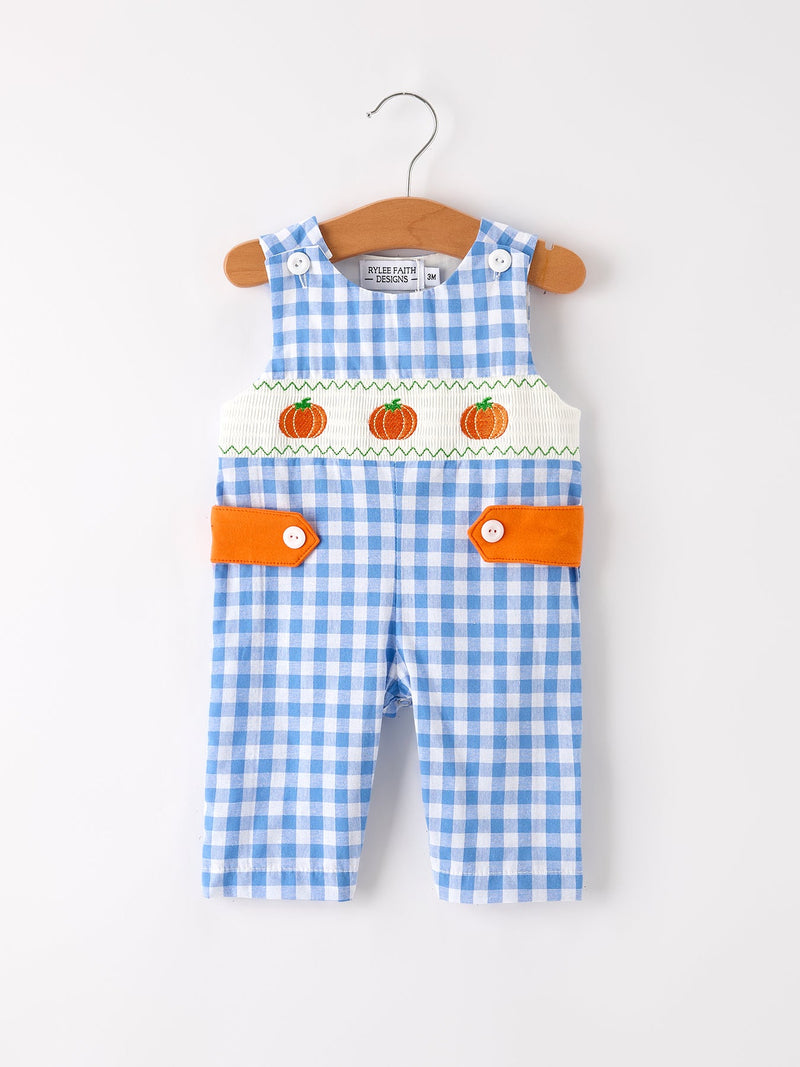 Fall Thanksgiving& Halloween Blue Pumpkin Smock Embroidery Baby Boy Romper - 1