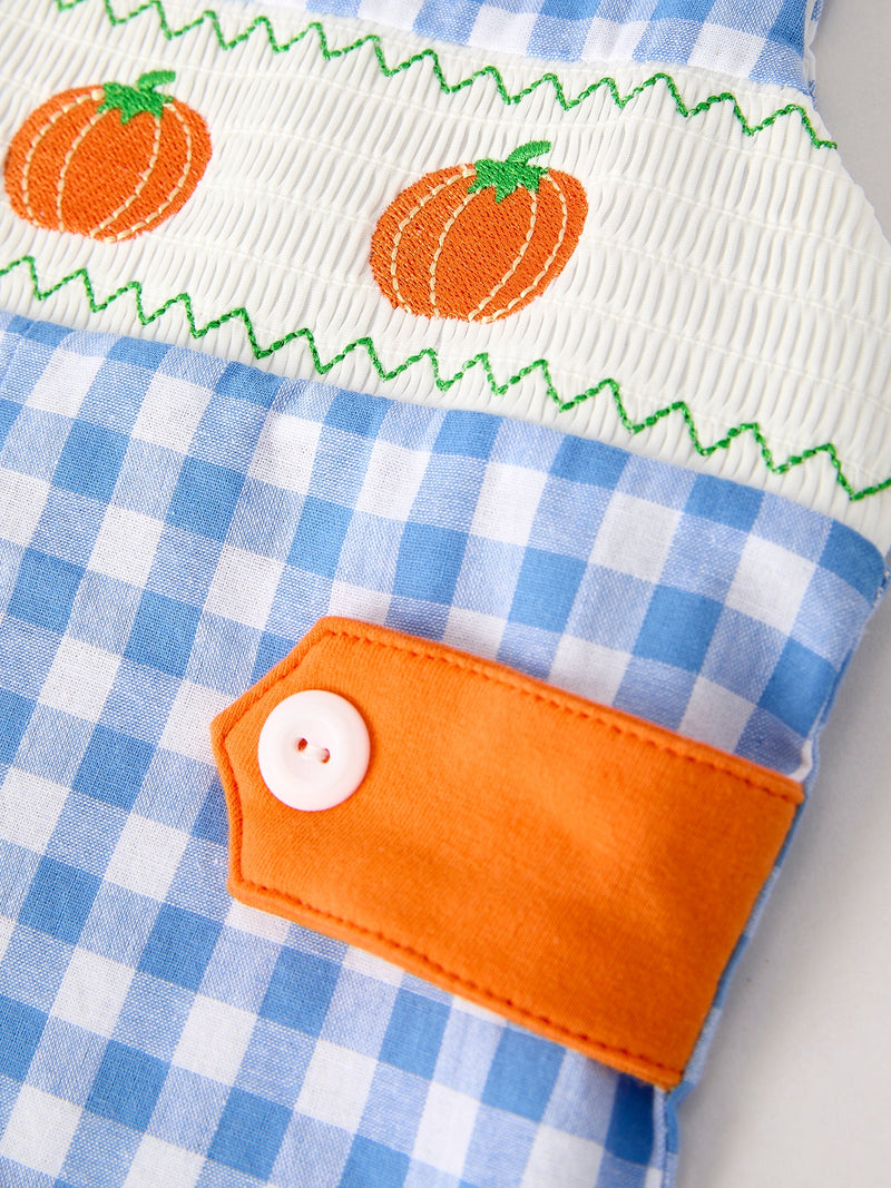 Fall Thanksgiving& Halloween Blue Pumpkin Smock Embroidery Baby Boy Romper - 4