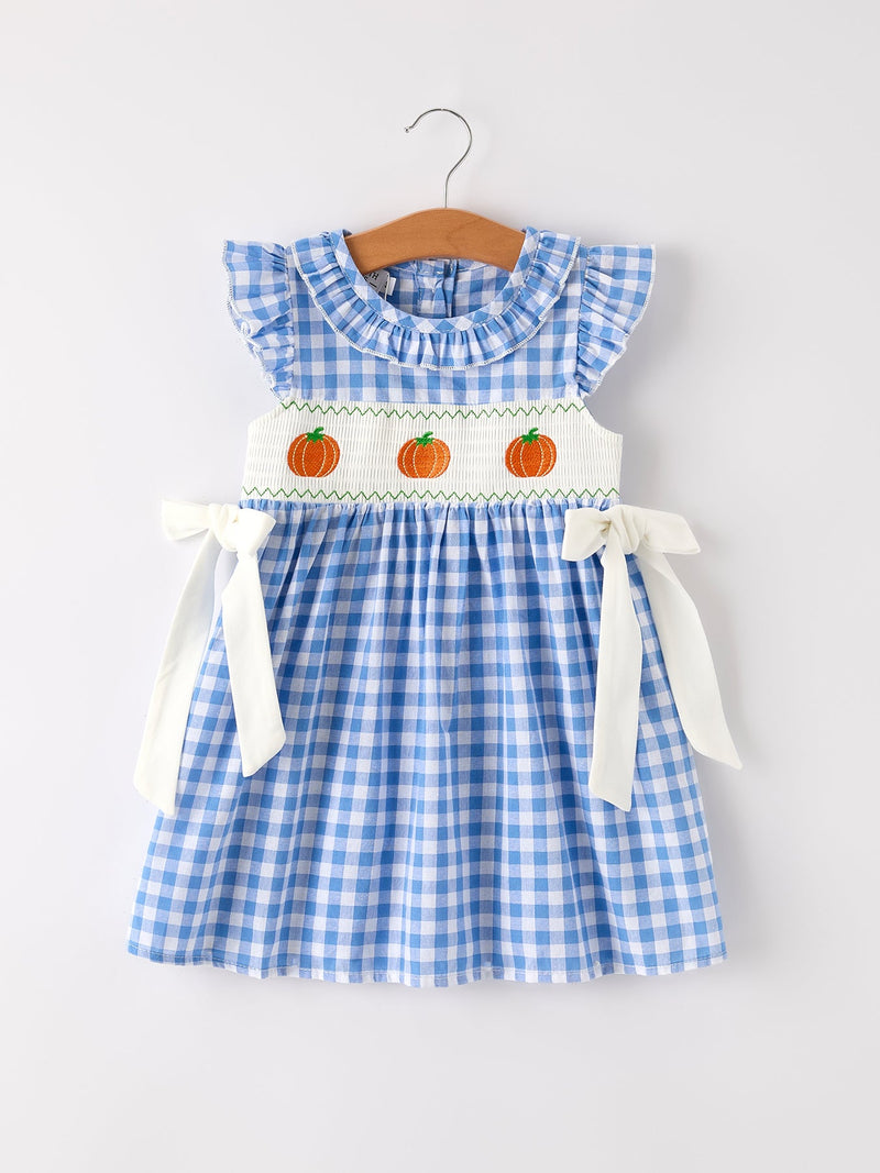 Fall Thanksgiving& Halloween Blue Pumpkin Smock Embroidery Baby Girl Dress - 1