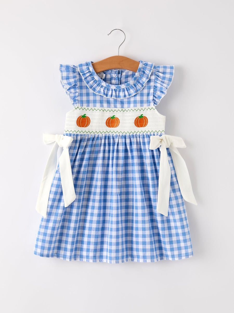 Fall Thanksgiving& Halloween Blue Pumpkin Smock Embroidery Baby Girl Dress