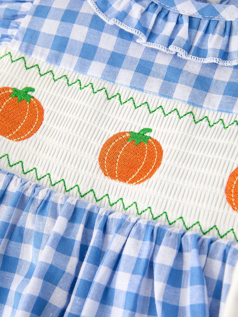 Fall Thanksgiving& Halloween Blue Pumpkin Smock Embroidery Baby Girl Dress - 3
