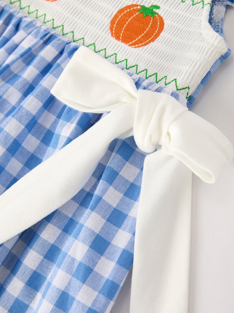 Fall Thanksgiving& Halloween Blue Pumpkin Smock Embroidery Baby Girl Dress - 4