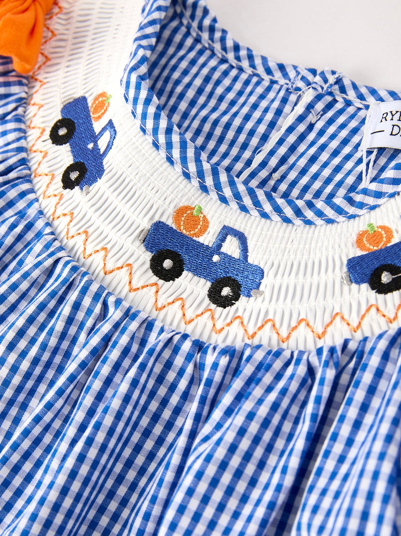 Fall Thanksgiving & Halloween Truck Smock Embroidery Baby Girl Dress - 3
